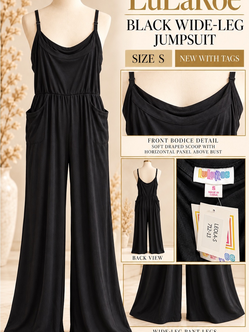 LuLaRoe Black Wide-Leg Jumpsuit with Pockets and Draped Bodice